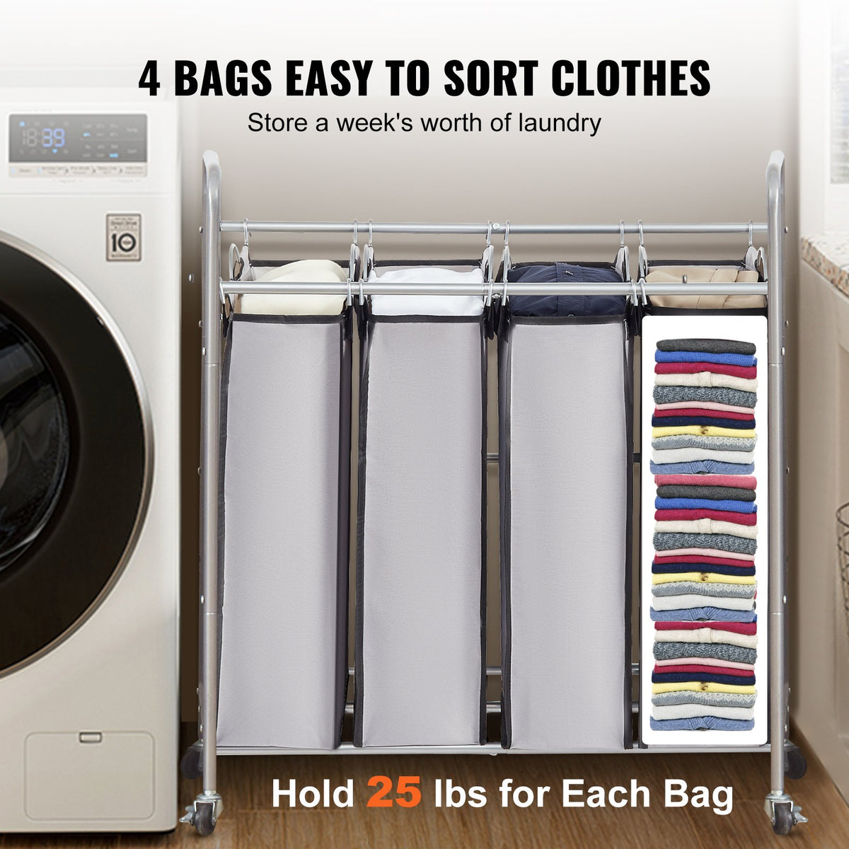 Four bags for sorting a week of laundry, each holding up to 25 lbs