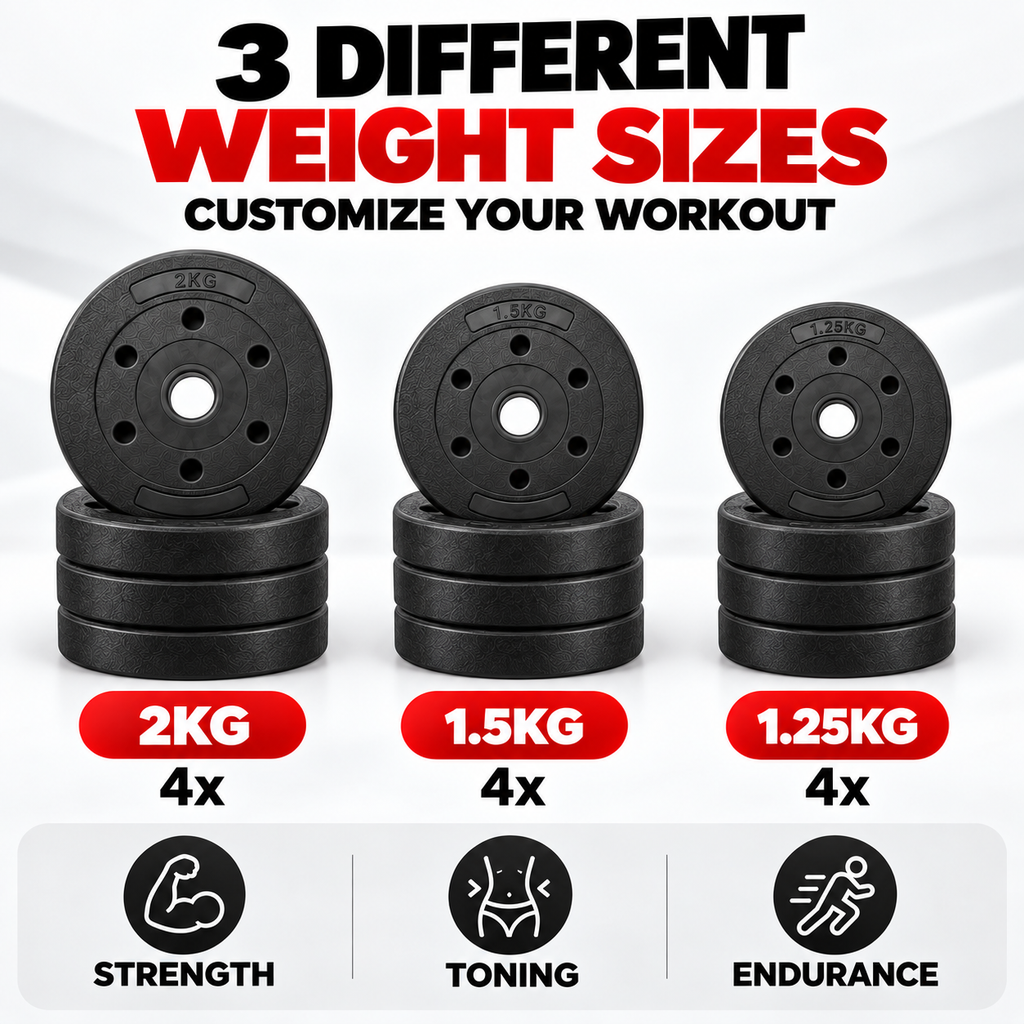 Three plate sizes: 2 kg, 1.5 kg and 1.25 kg, four of each