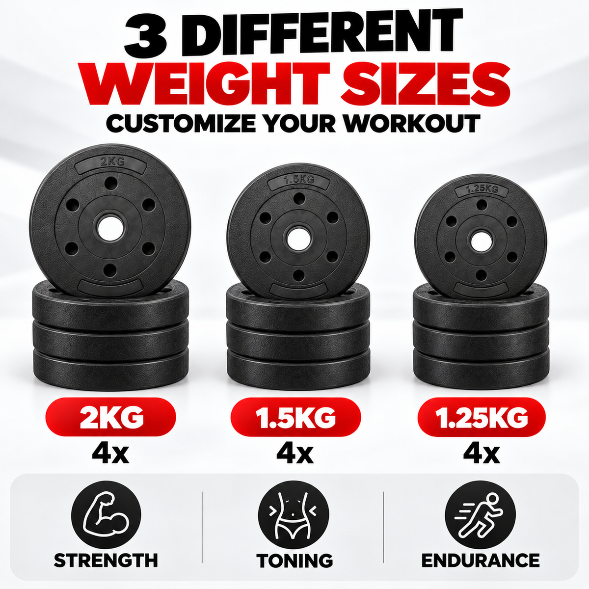 Three plate sizes: 2 kg, 1.5 kg and 1.25 kg, four of each
