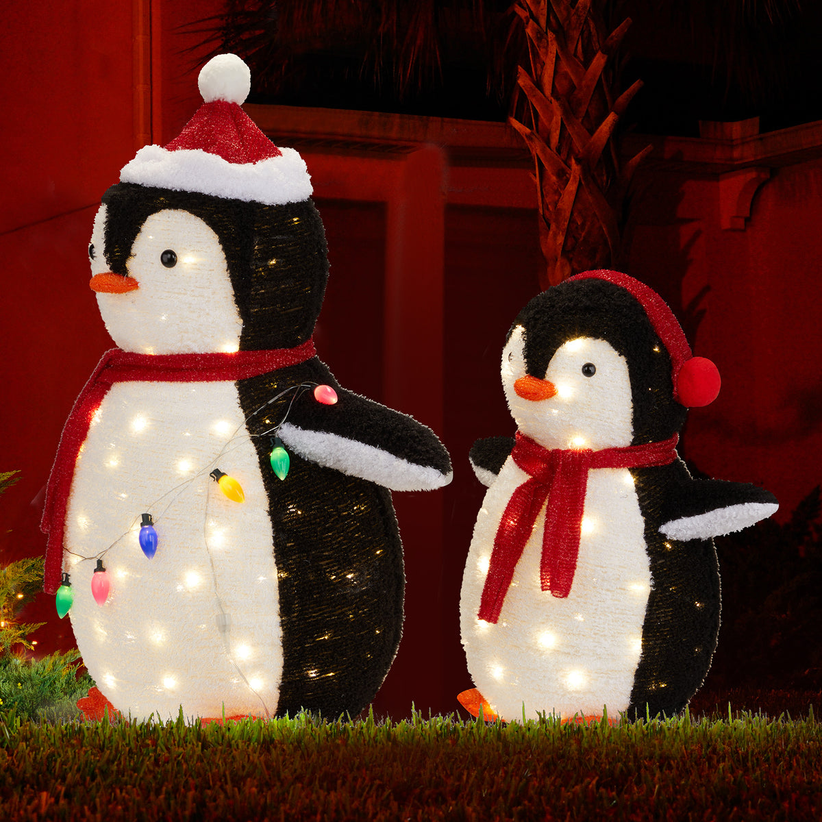 Pre-Lit Plush Penguins, Set of 2 with 150 Warm White LEDs
