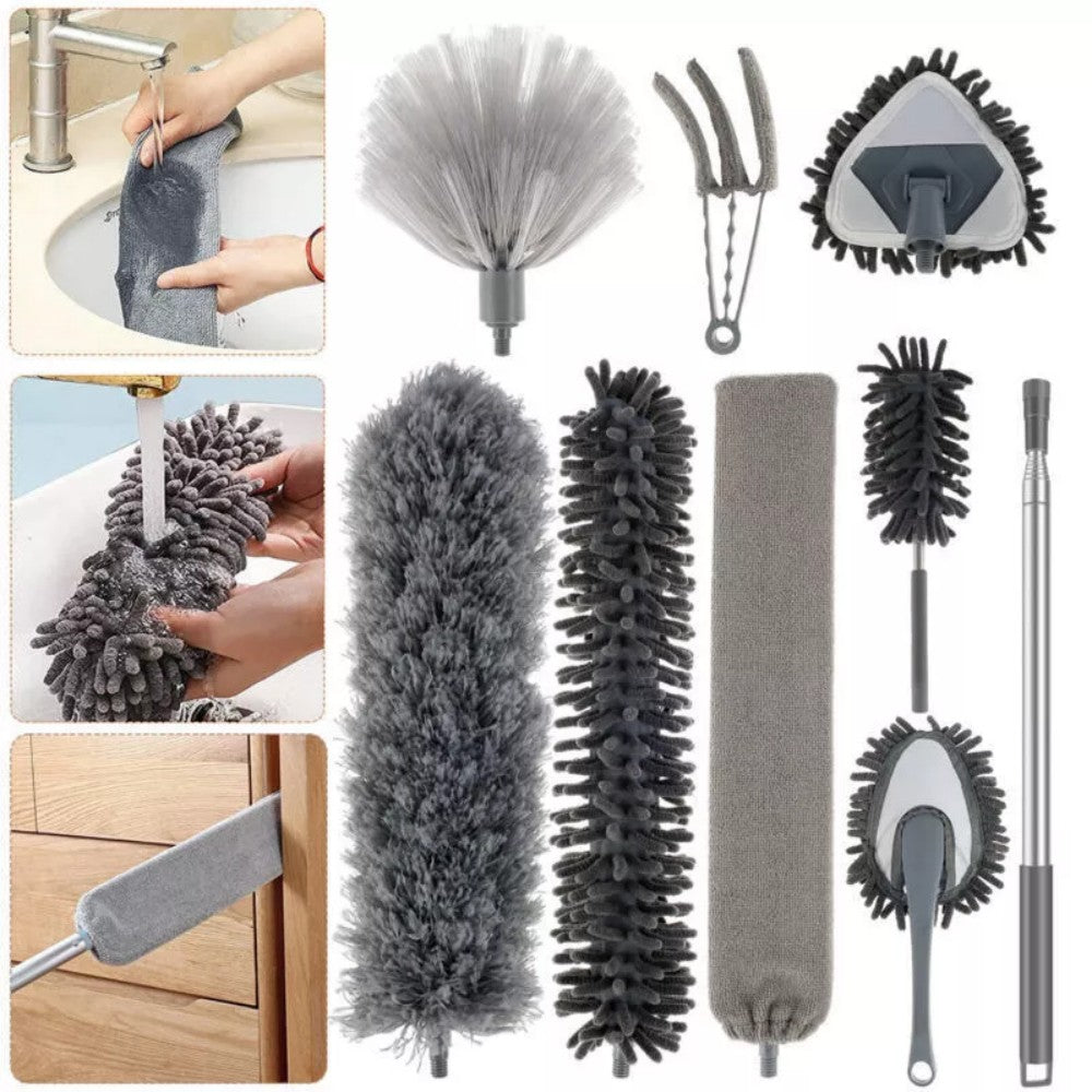 Extendable microfibre duster set with telescopic pole, 9 pieces, full kit