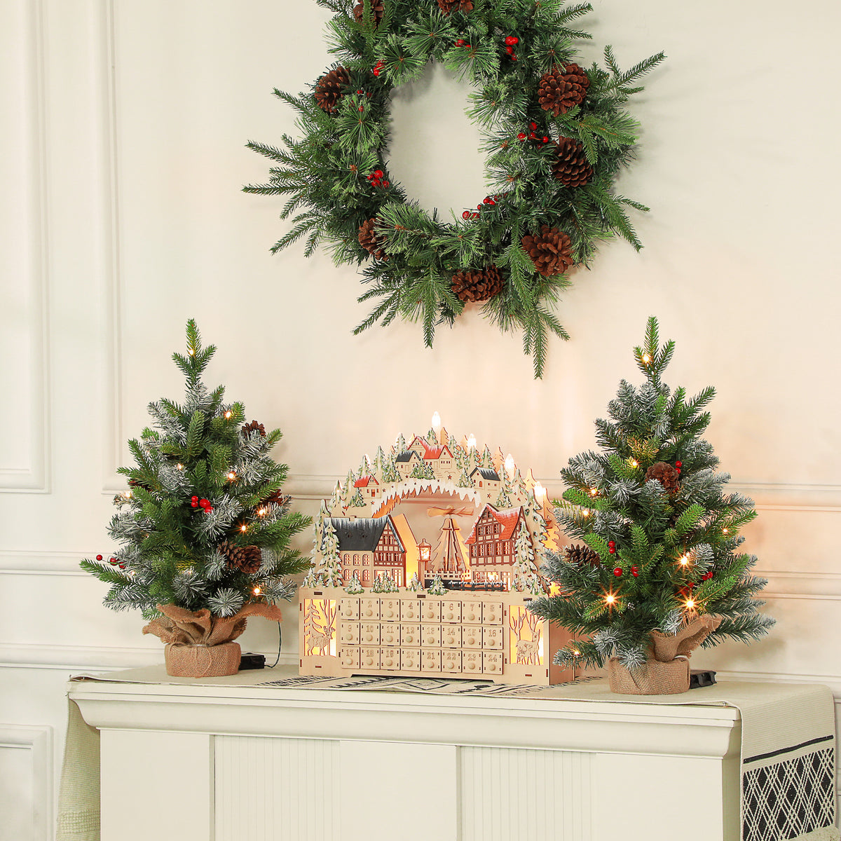 Pair of 60cm Pre-Lit Tabletop Christmas Trees with Berries and Pine Cones - APA Pure Living