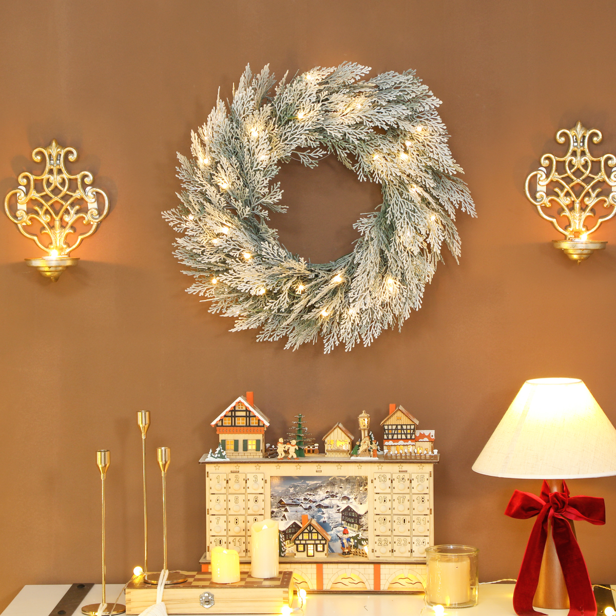 60cm Pre-Lit Snowy Christmas Wreath with Timer, Battery Operated - APA Pure Living