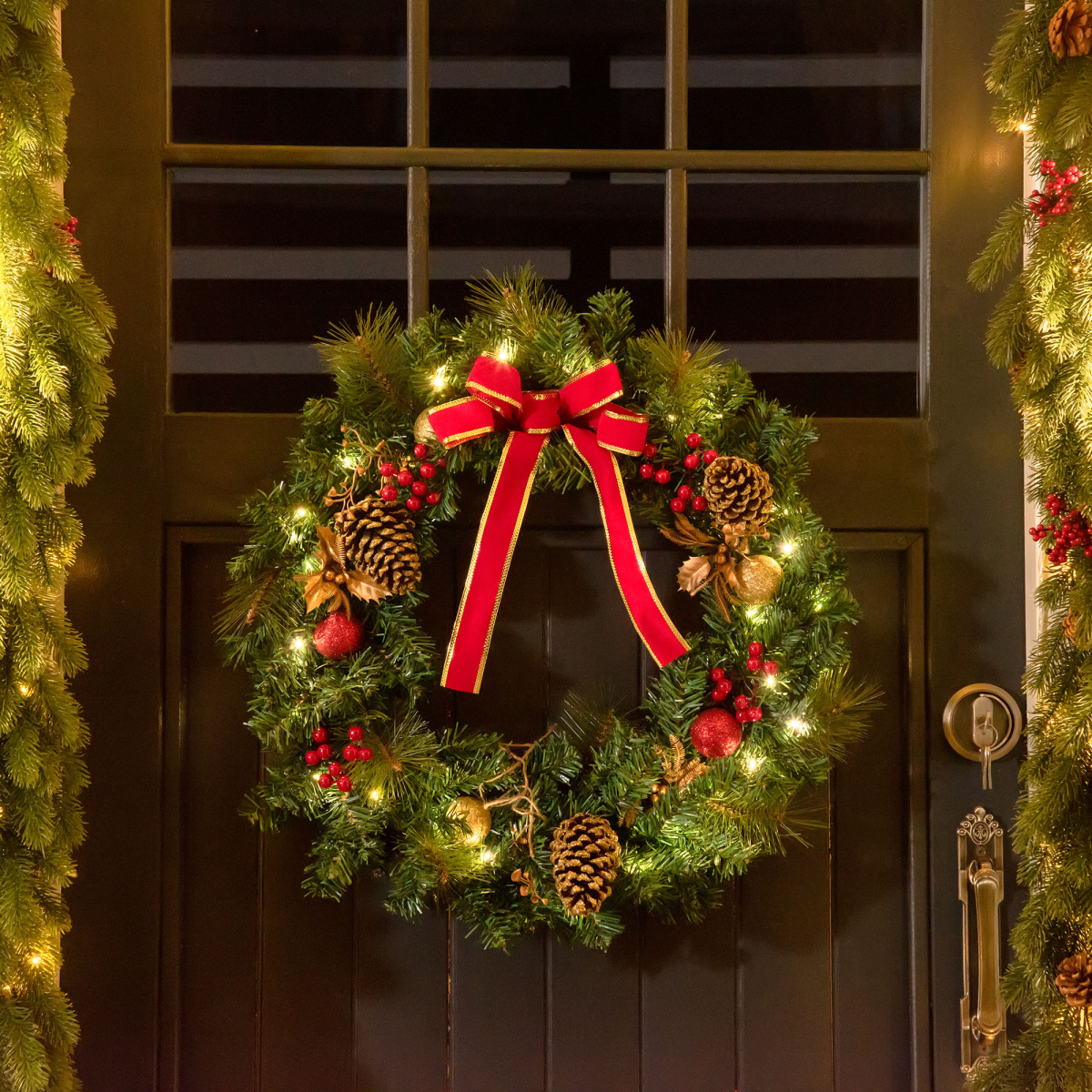 60cm Pre-Lit Christmas Door Wreath with Holly, Berries and Pine Cones - APA Pure Living