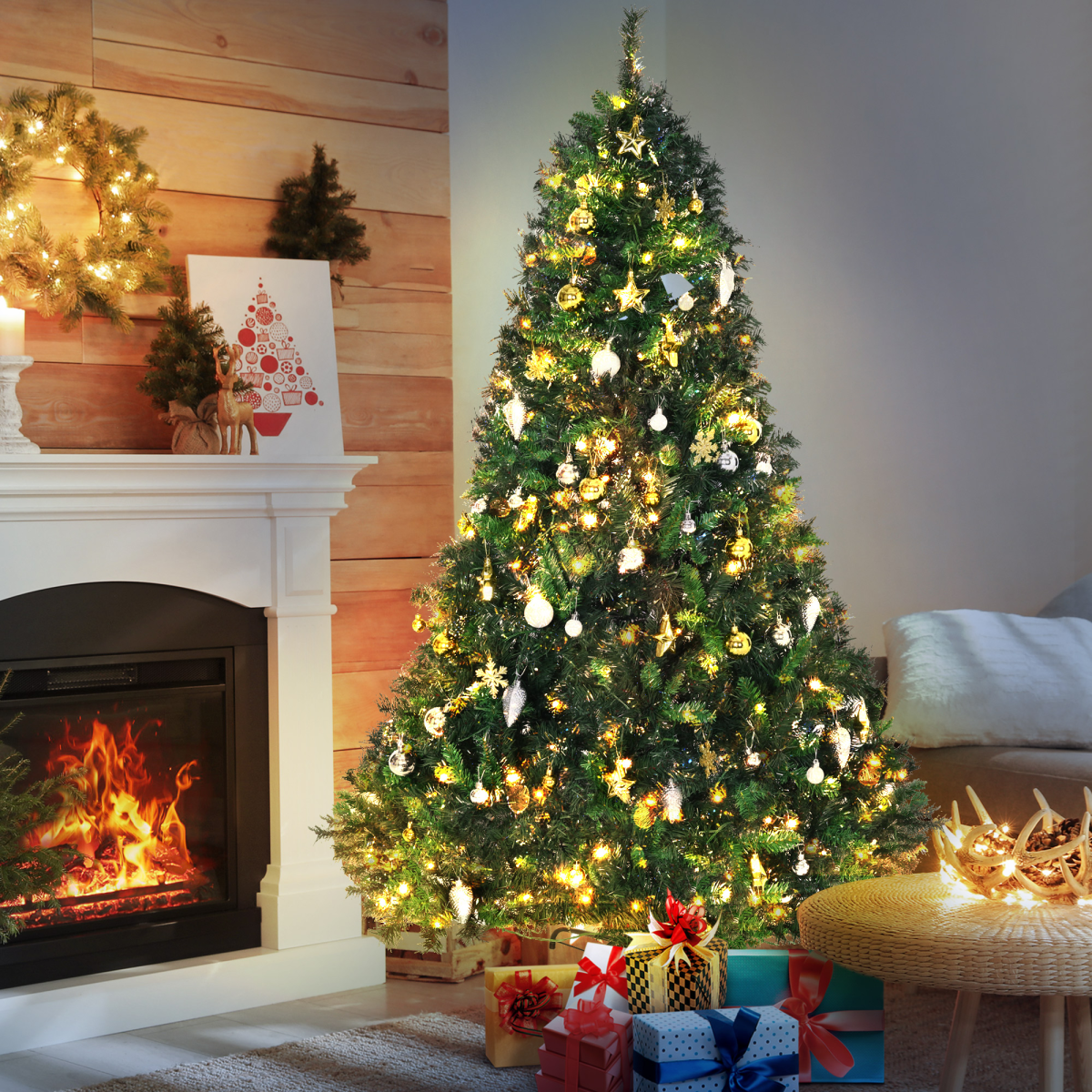 6ft Pre-Lit Artificial Christmas Tree with 200 LEDs and Baubles - APA Pure Living