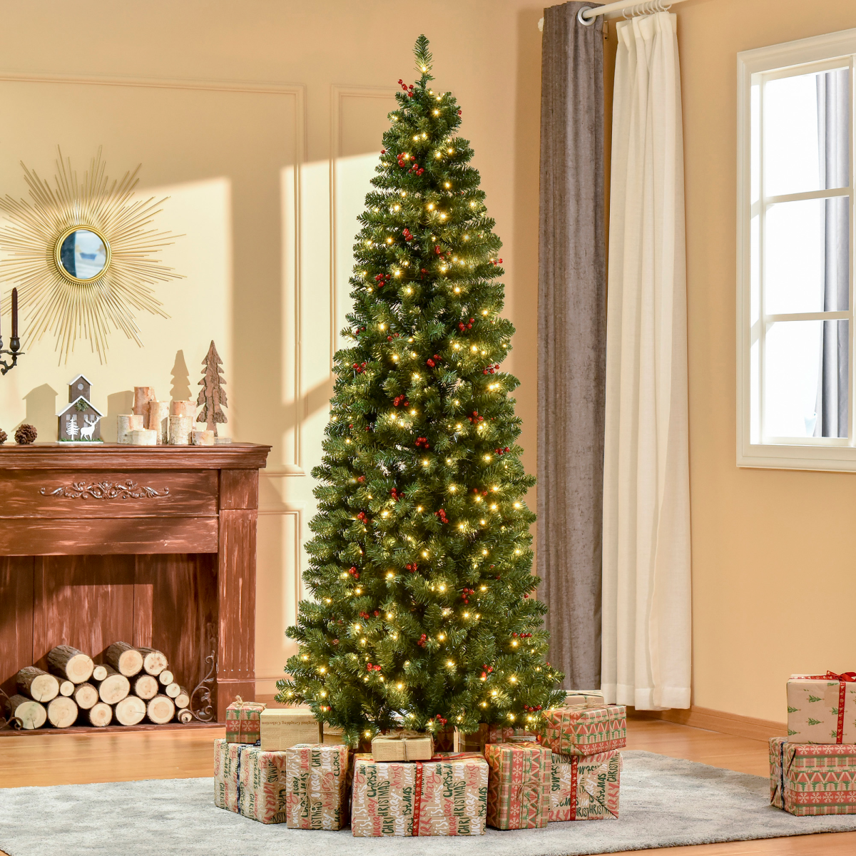 7ft Pre-Lit Slim Pencil Christmas Tree with Warm White LEDs and Red Berries - APA Pure Living