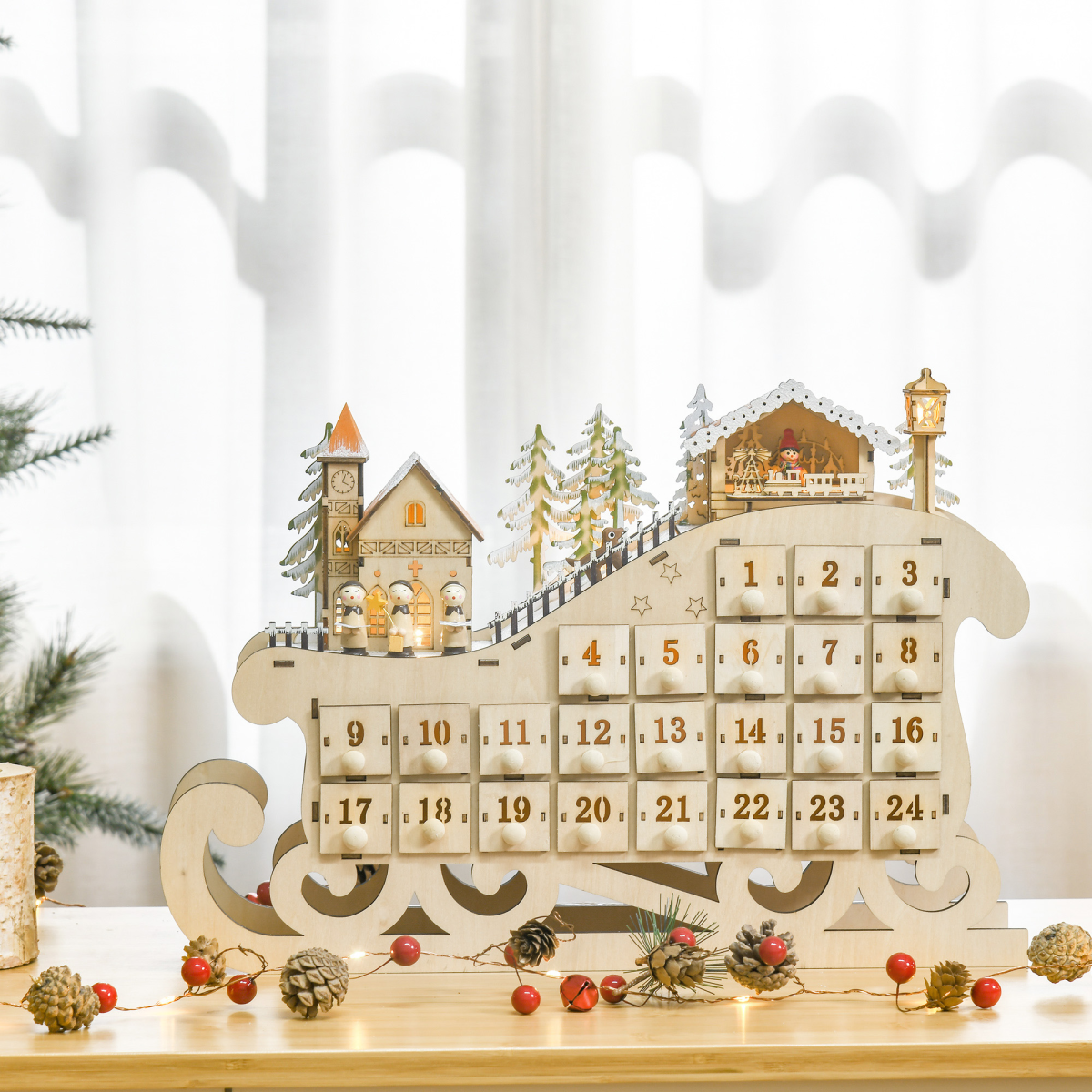 Light-Up Wooden Sleigh Advent Calendar with 24 Drawers - APA Pure Living
