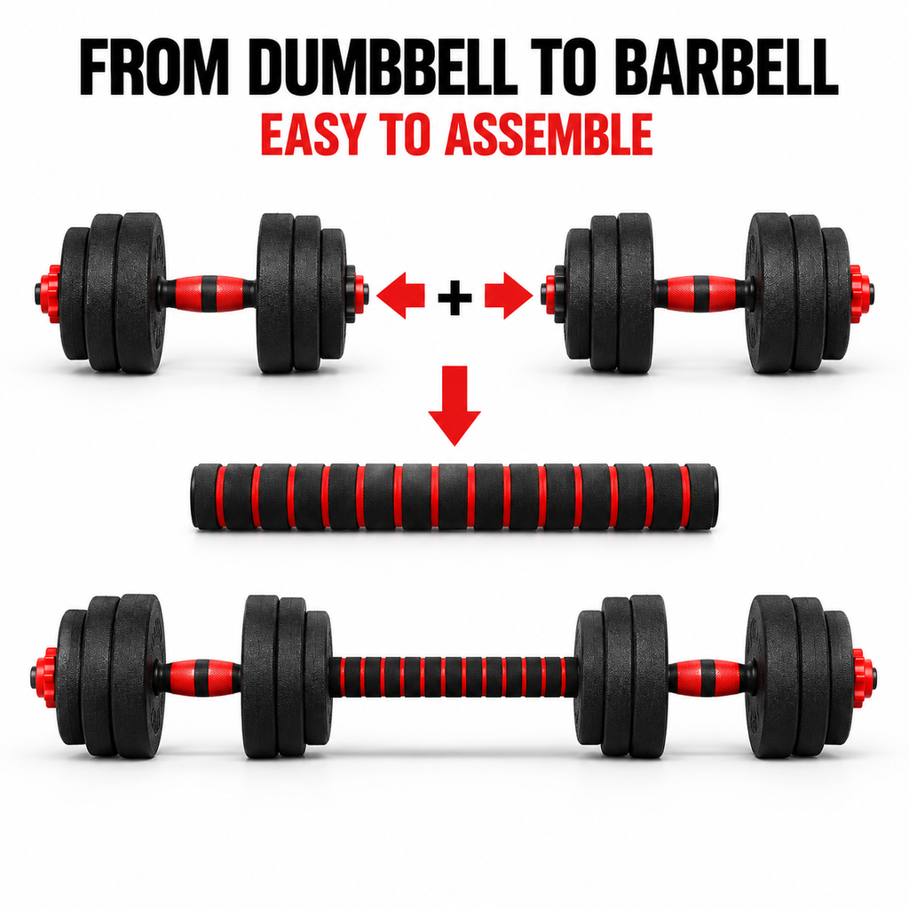 Two dumbbells join with the connector bar to make one barbell