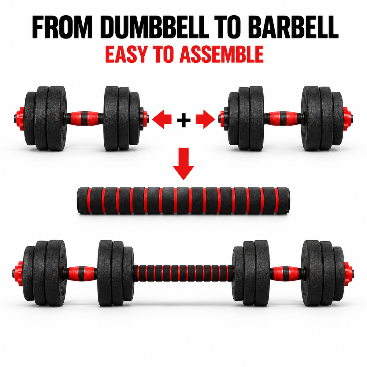 Two dumbbells join with the connector bar to make one barbell