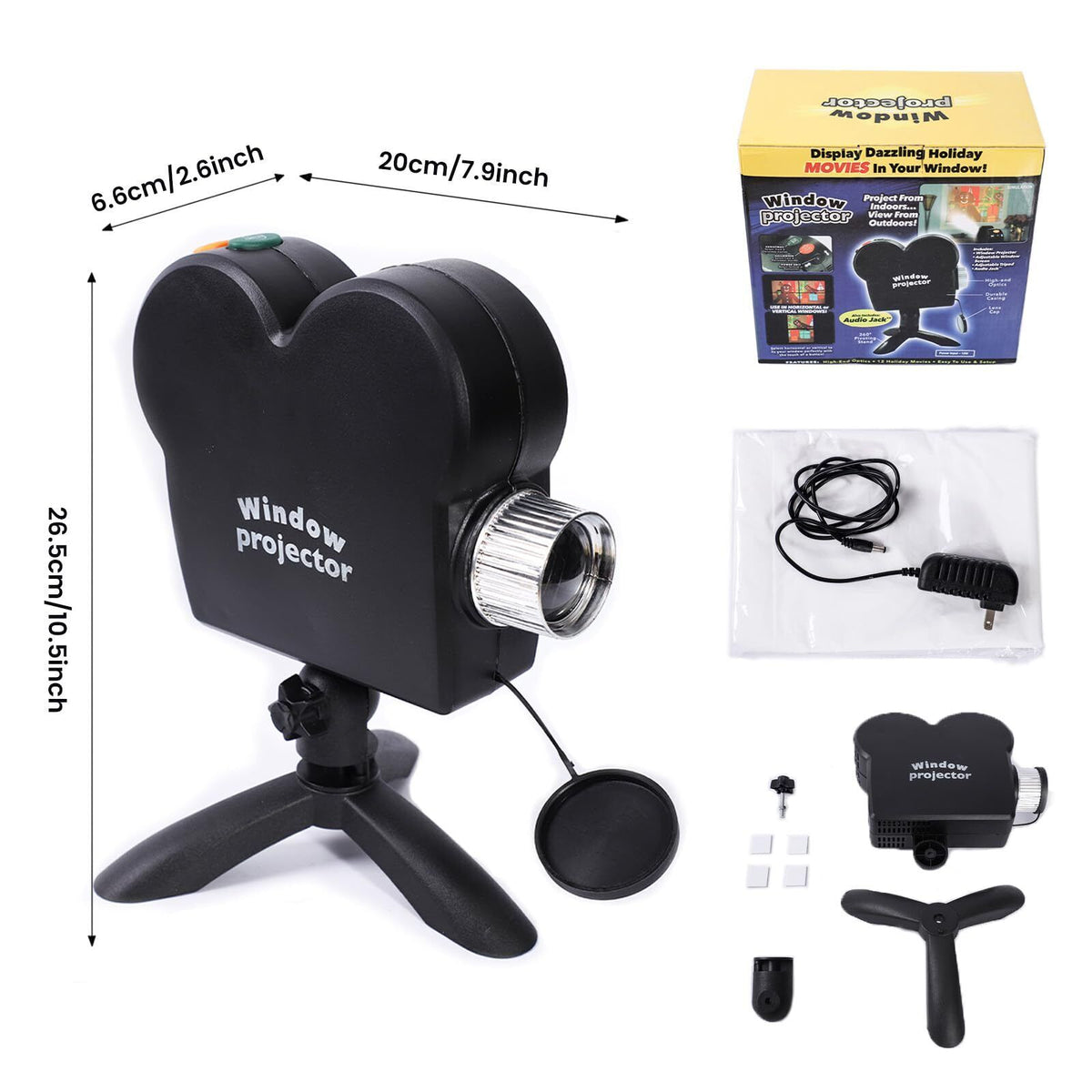 Christmas window projector with tripod, screen and mains adaptor, shown with dimensions