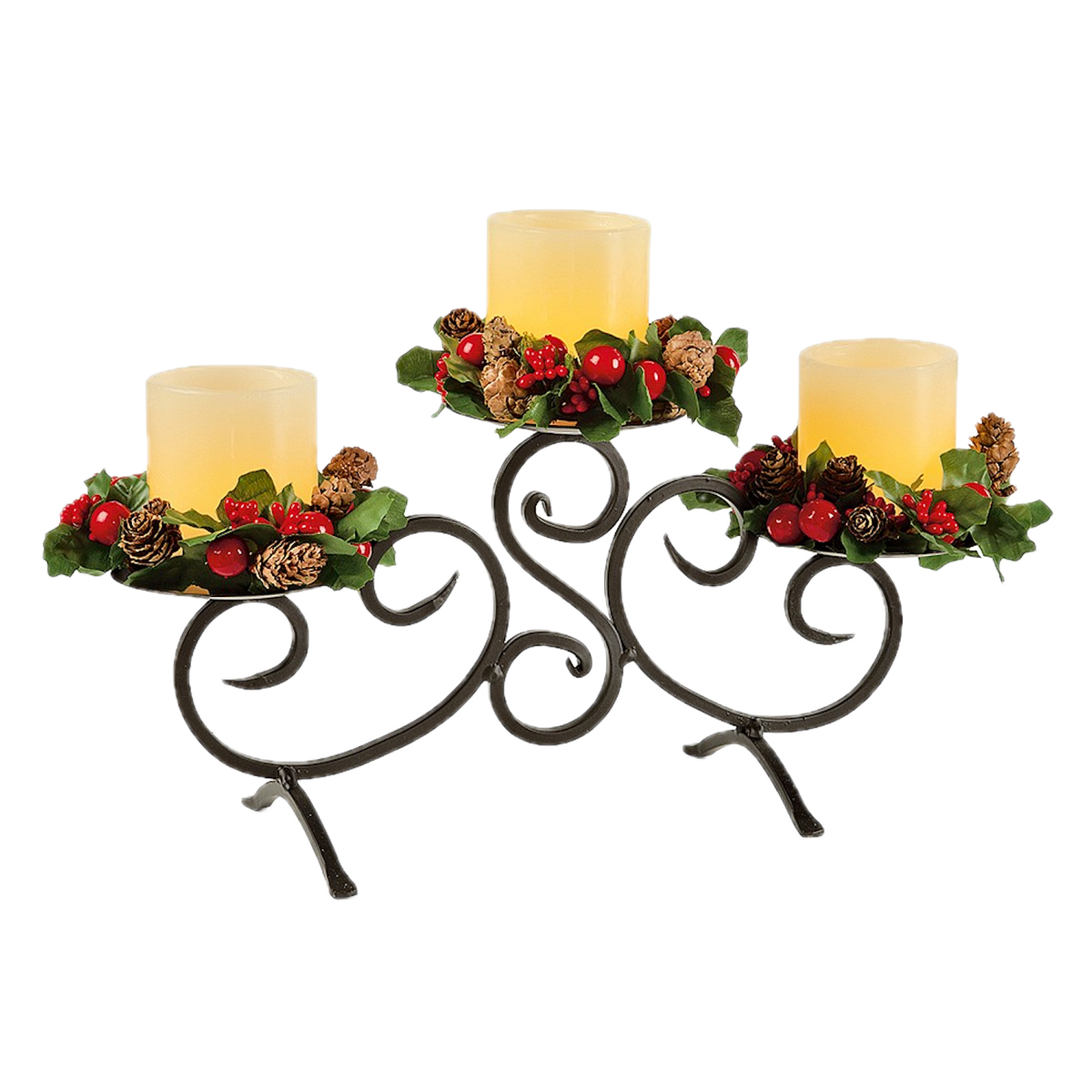 Three Flameless LED Candles on a Scrolled Metal Stand with Berries - APA Pure Living
