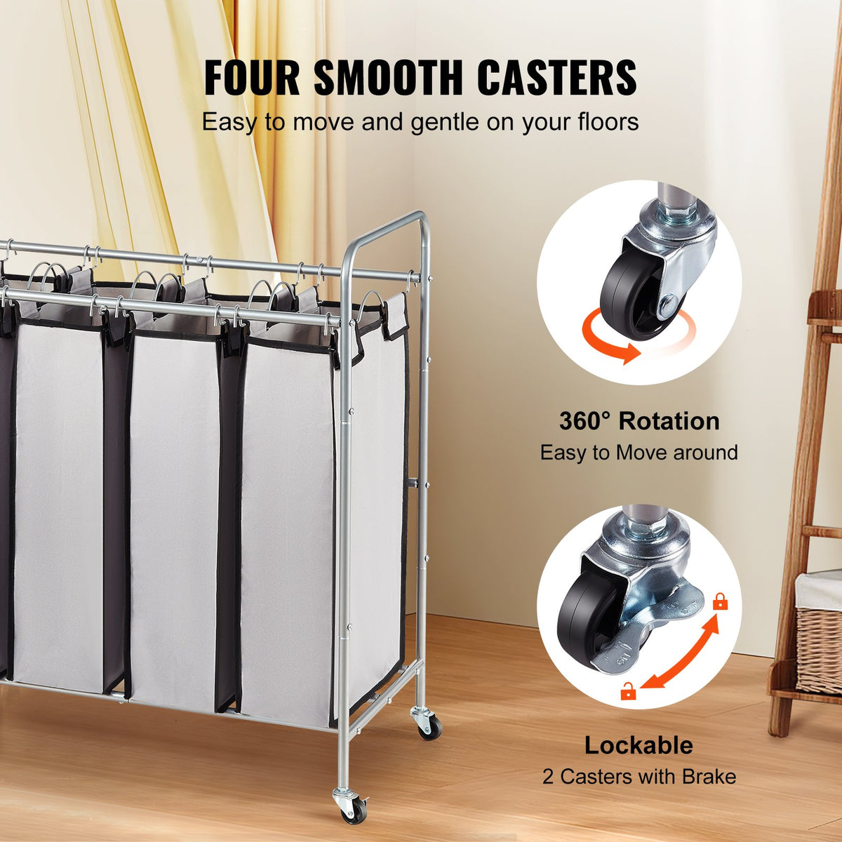 Four casters with 360 degree rotation, two of them lockable with a brake