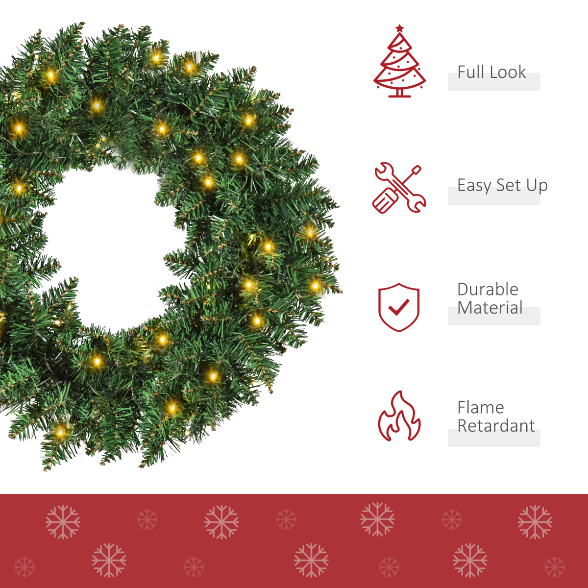 Pre-Lit Christmas Wreath with 50 Warm White LEDs, 55 cm