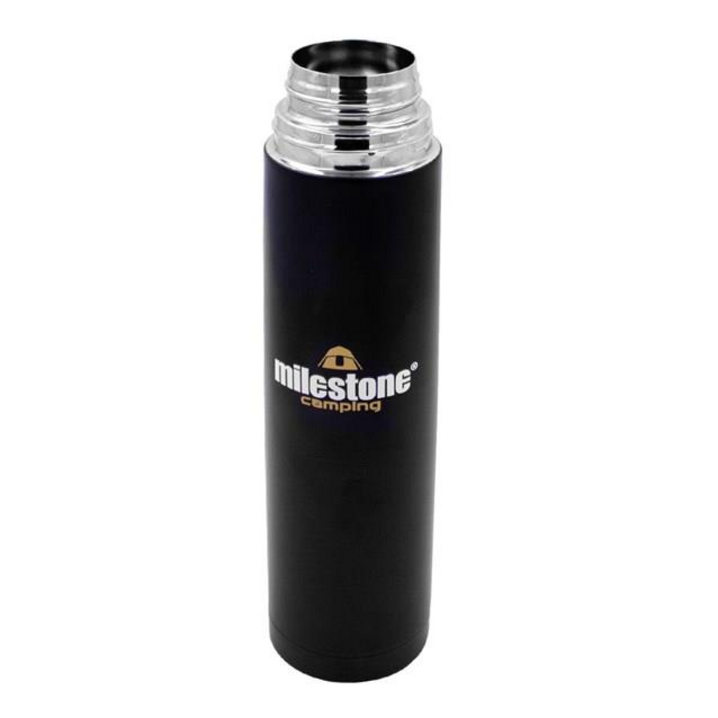 Matt black flask standing upright with the stopper off