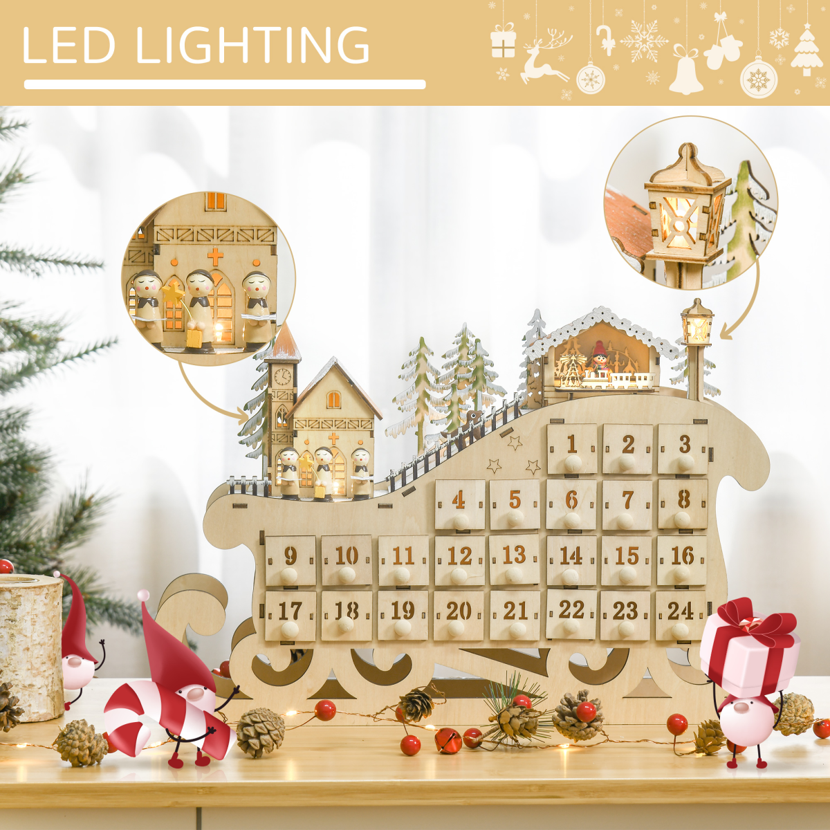 Light-Up Wooden Sleigh Advent Calendar with 24 Drawers - APA Pure Living