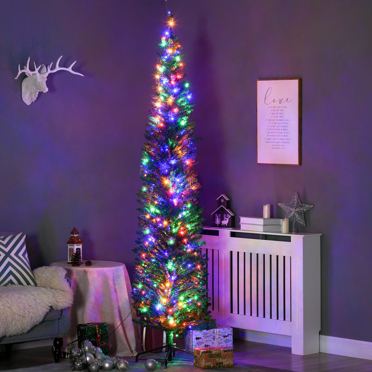 7.5ft Pre-Lit Slim Pencil Christmas Tree with 200 Multi-Colour LEDs - APA Pure Living