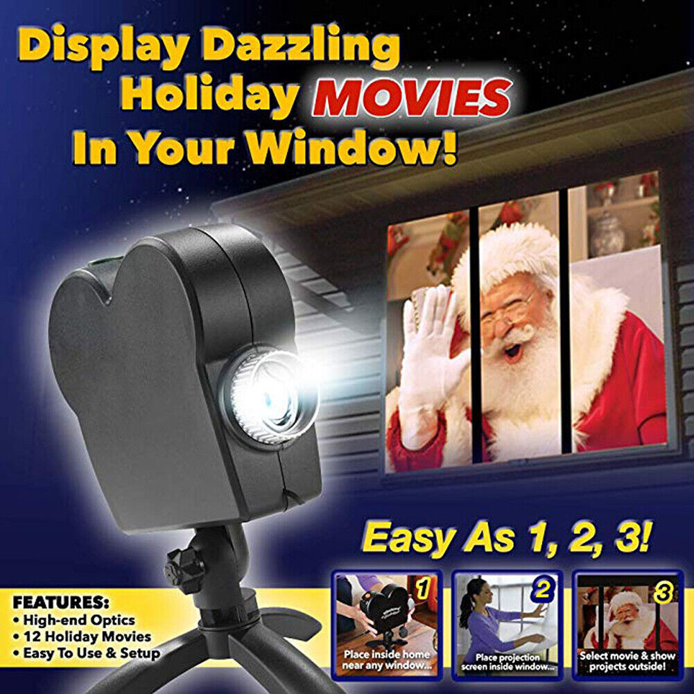 Window projector casting a holiday scene onto a front window