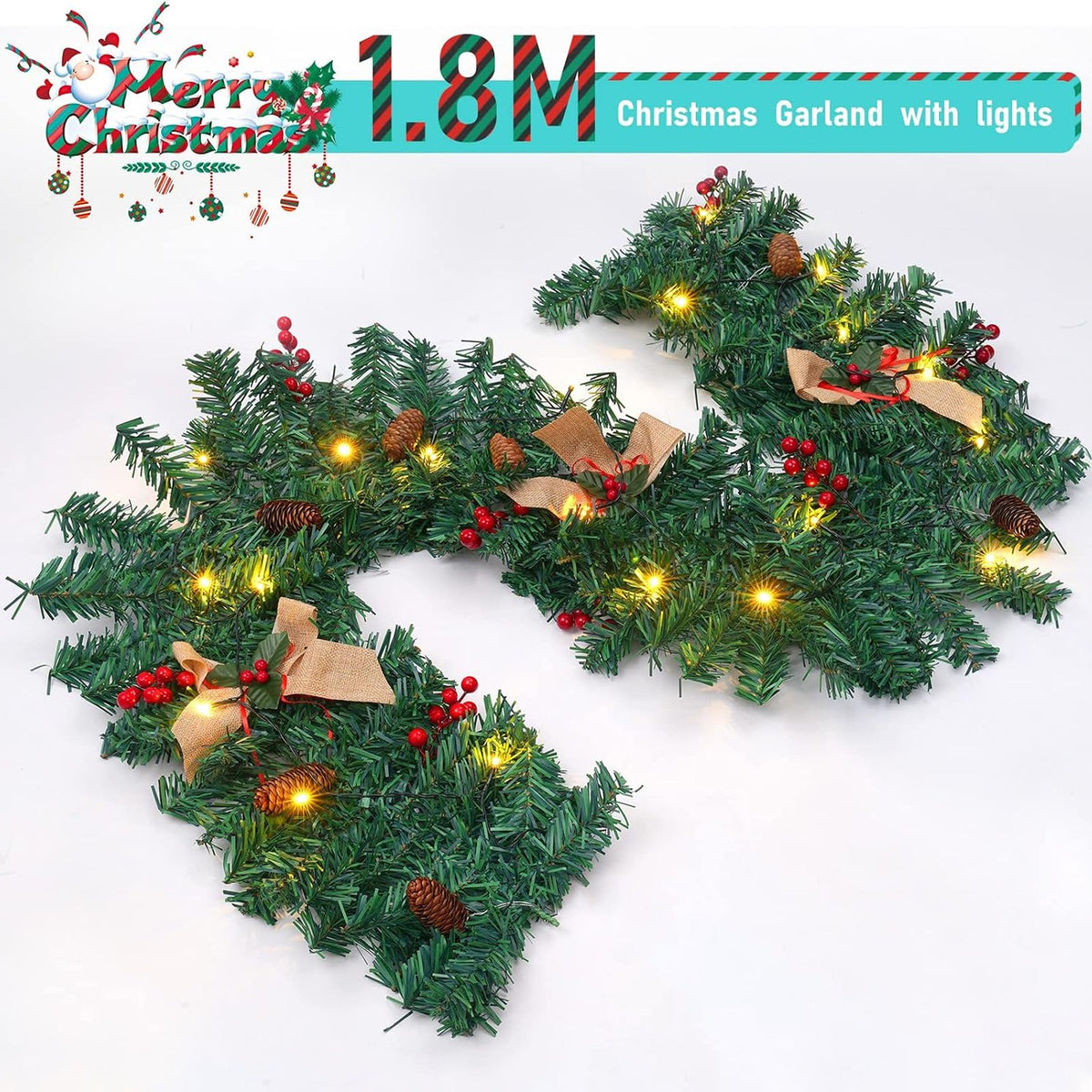 1.8 m pre-lit Christmas garland laid flat, showing pine cones, red berries and hessian bows