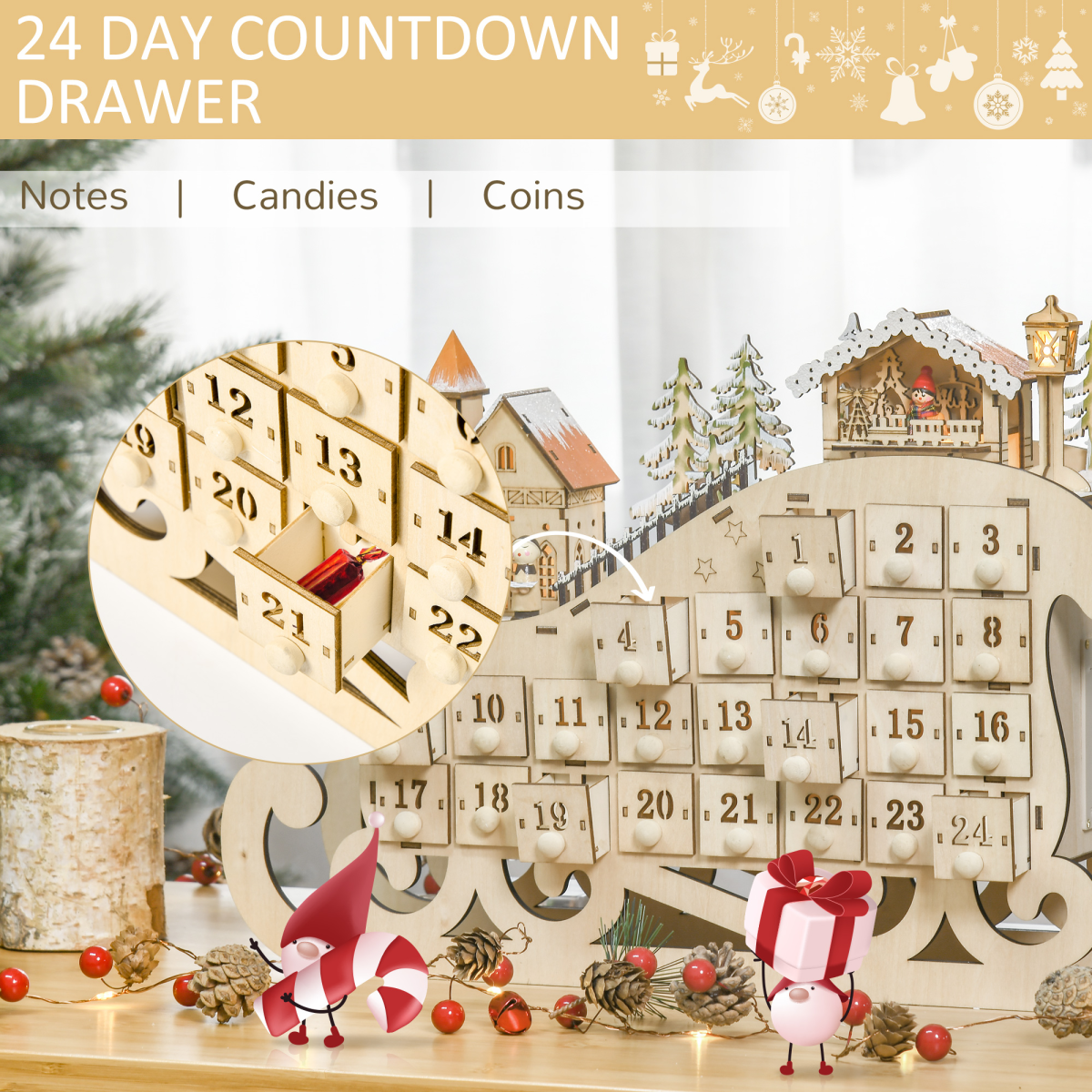 Light-Up Wooden Sleigh Advent Calendar with 24 Drawers - APA Pure Living