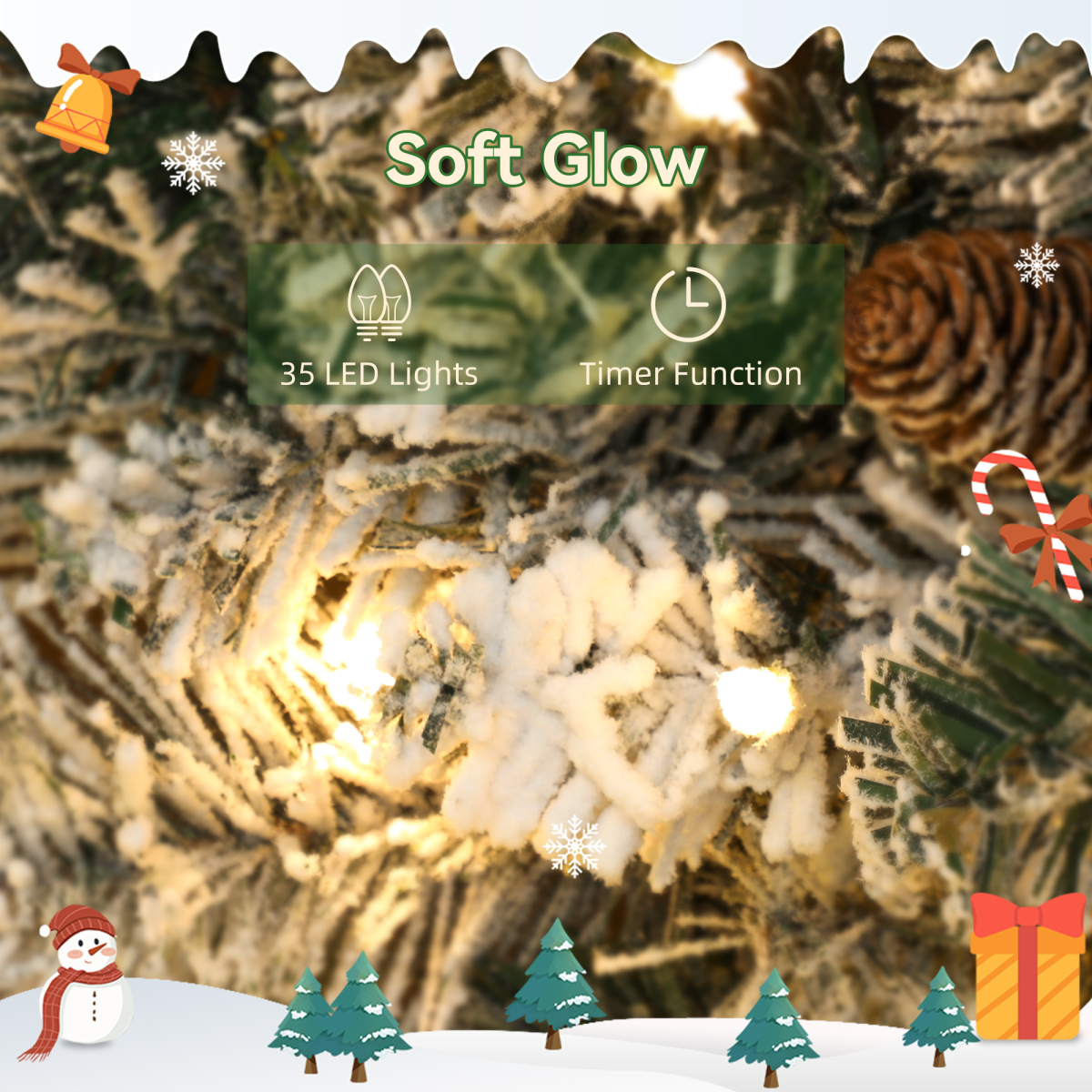 60cm Pre-Lit Snowy Christmas Wreath with Timer, Battery Operated - APA Pure Living