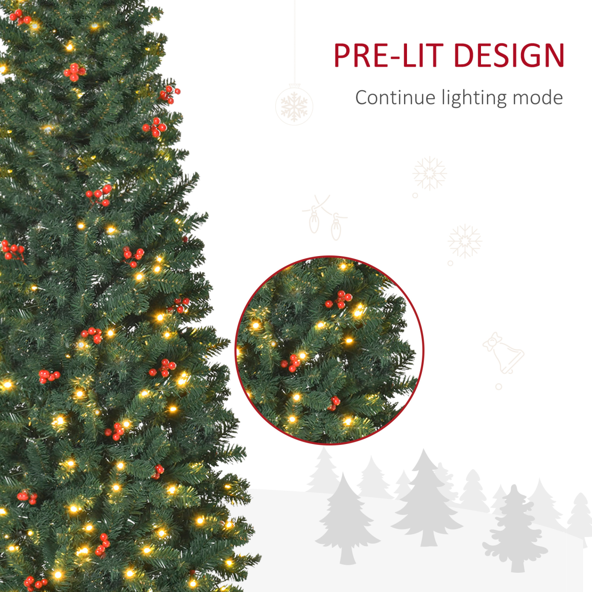 6ft Pre-Lit Slim Pencil Christmas Tree with Warm White LEDs and Red Berries - APA Pure Living
