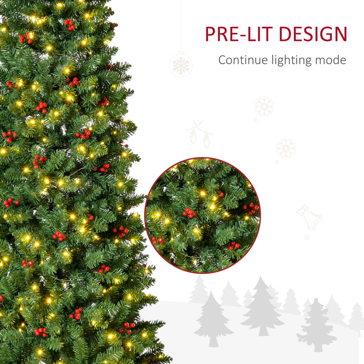 7ft Pre-Lit Slim Pencil Christmas Tree with Warm White LEDs and Red Berries - APA Pure Living