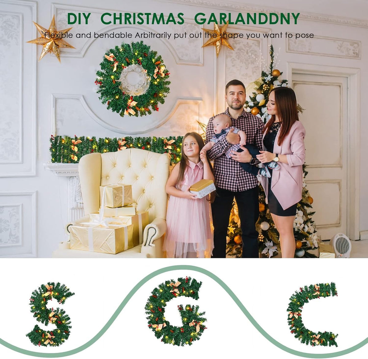 Bendable Christmas garland shaped into letters and into a wreath above a fireplace
