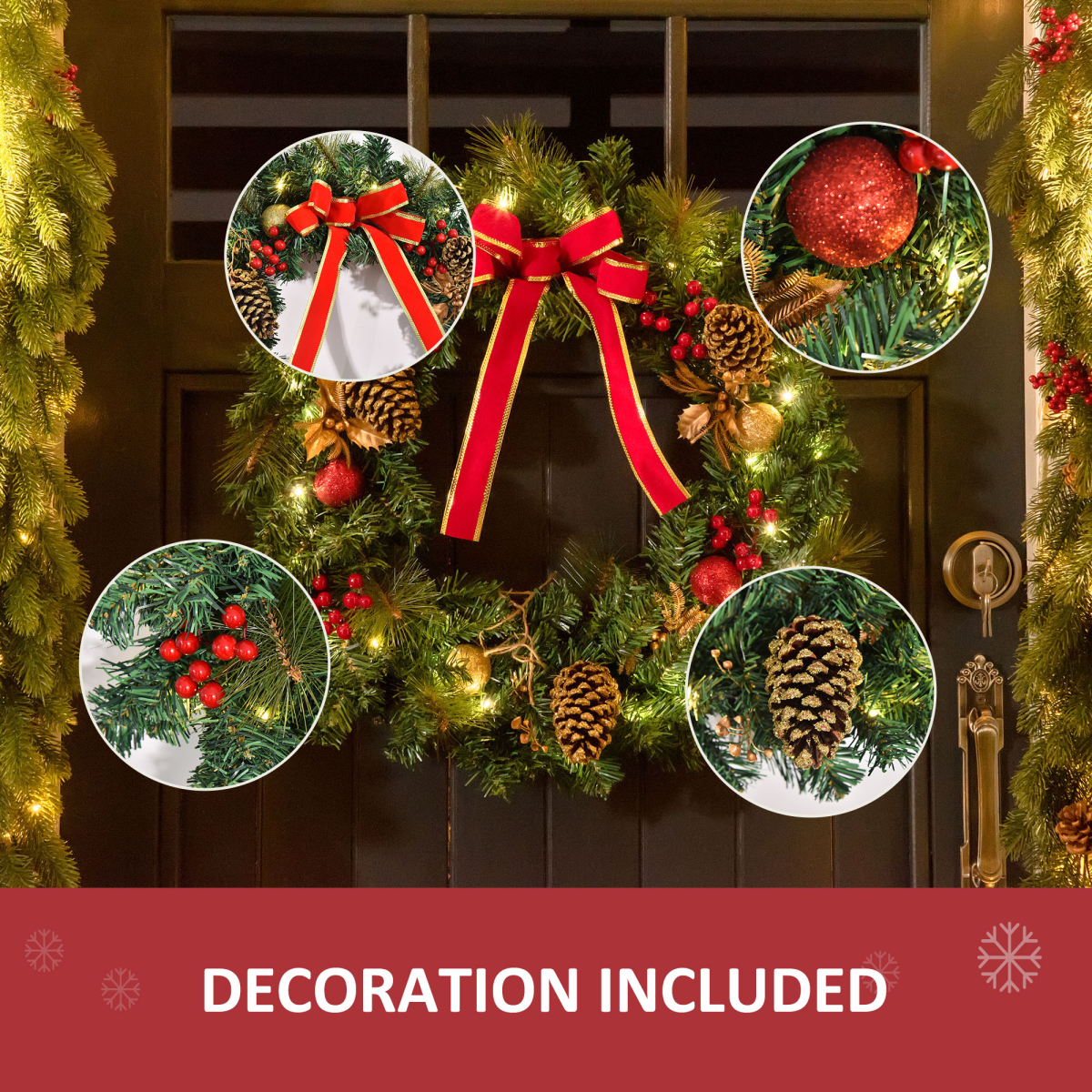 60cm Pre-Lit Christmas Door Wreath with Holly, Berries and Pine Cones - APA Pure Living