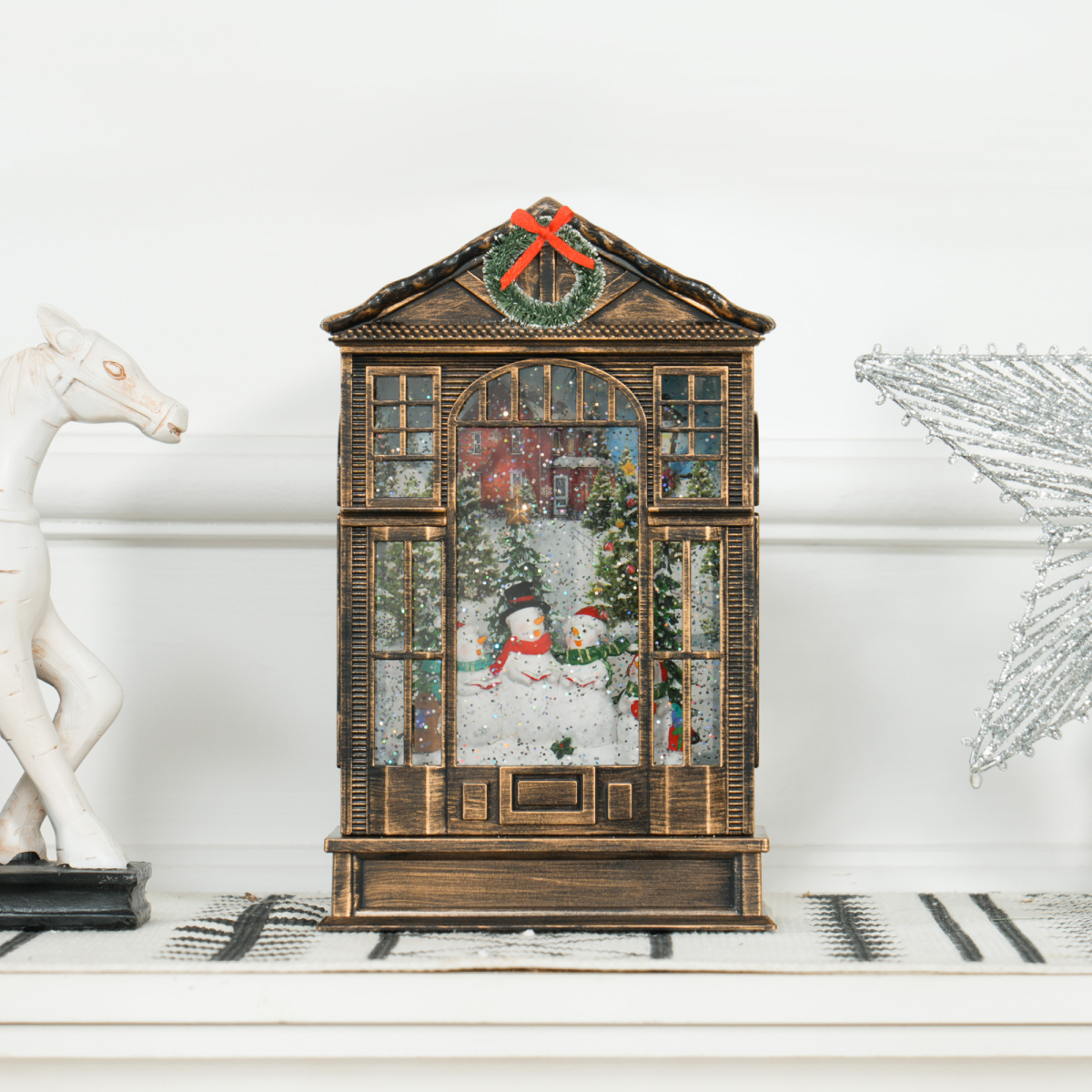 Musical Christmas Snow Globe Lantern with Warm White Lights, Bronze - APA Pure Living