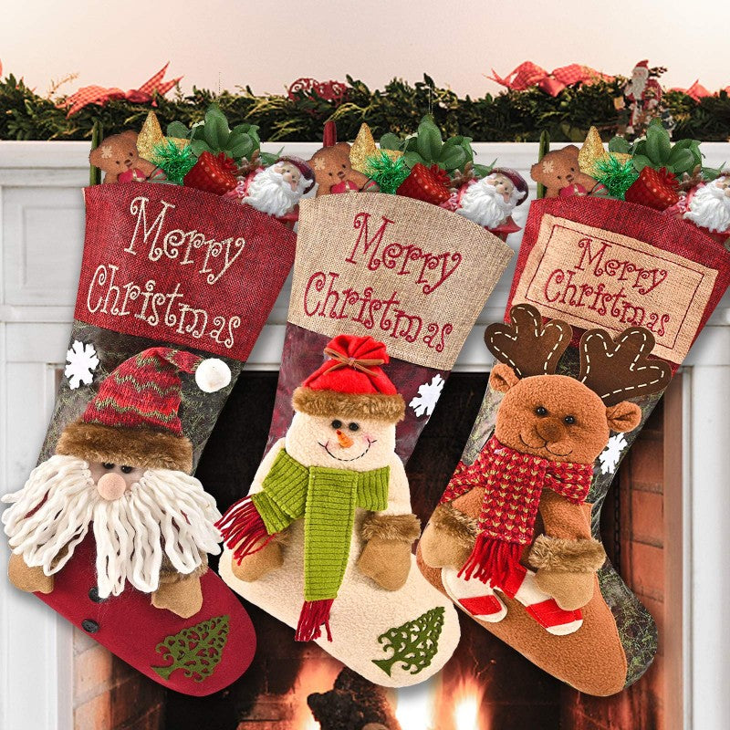 Set of 3 Large Christmas Stockings with Santa, Snowman and Reindeer - APA Pure Living
