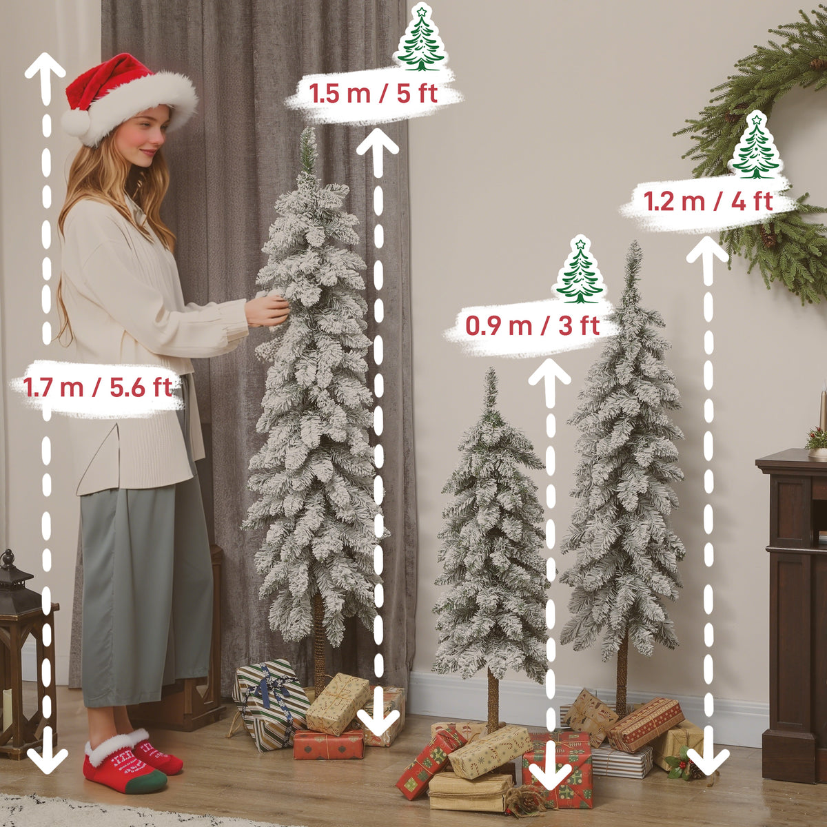 Set of 3 Snow-Flocked Pencil Christmas Trees, 3ft, 4ft and 5ft - APA Pure Living