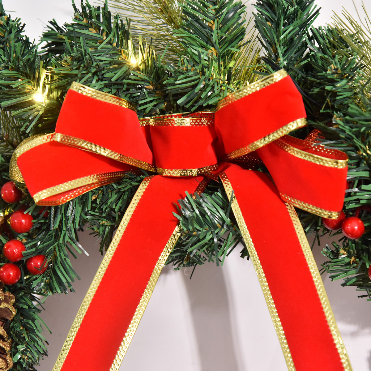 60cm Pre-Lit Christmas Door Wreath with Holly, Berries and Pine Cones - APA Pure Living