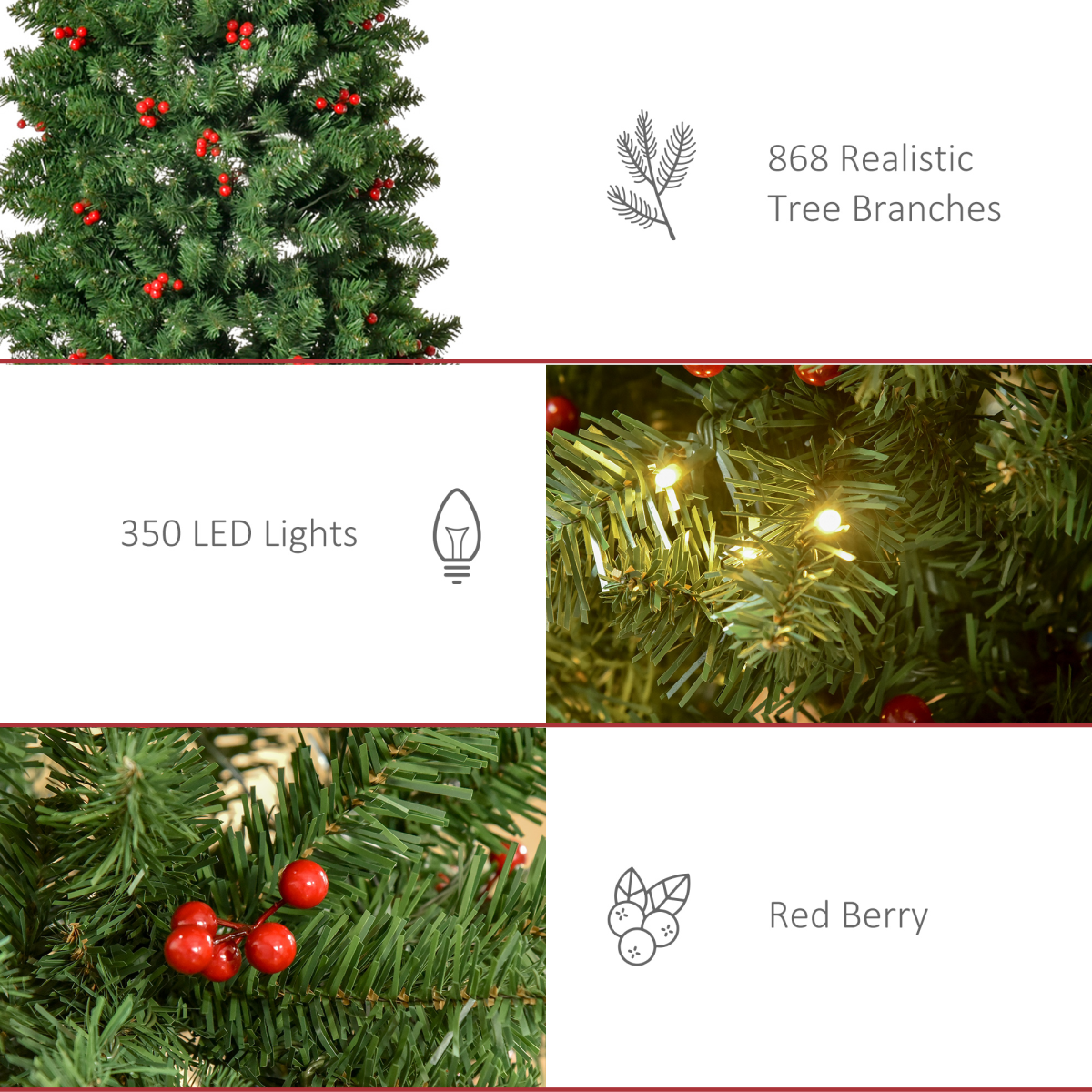 7ft Pre-Lit Slim Pencil Christmas Tree with Warm White LEDs and Red Berries - APA Pure Living