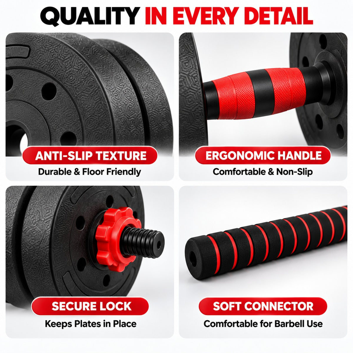 Anti-slip plate texture, ergonomic handle, threaded locking collar and soft foam connector