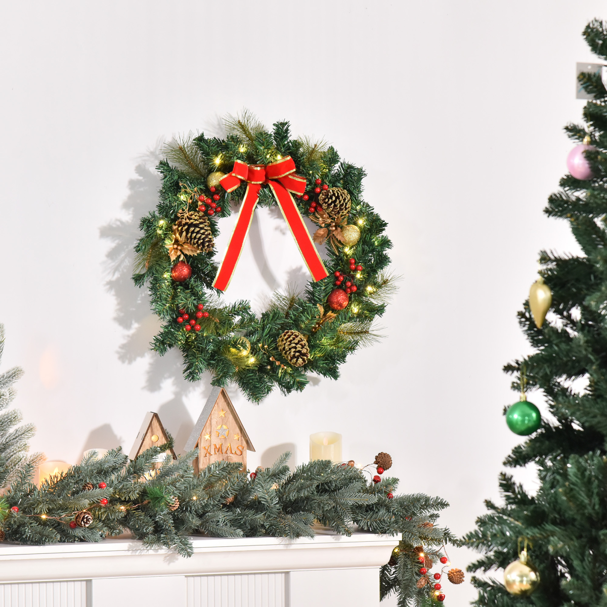 60cm Pre-Lit Christmas Door Wreath with Holly, Berries and Pine Cones - APA Pure Living