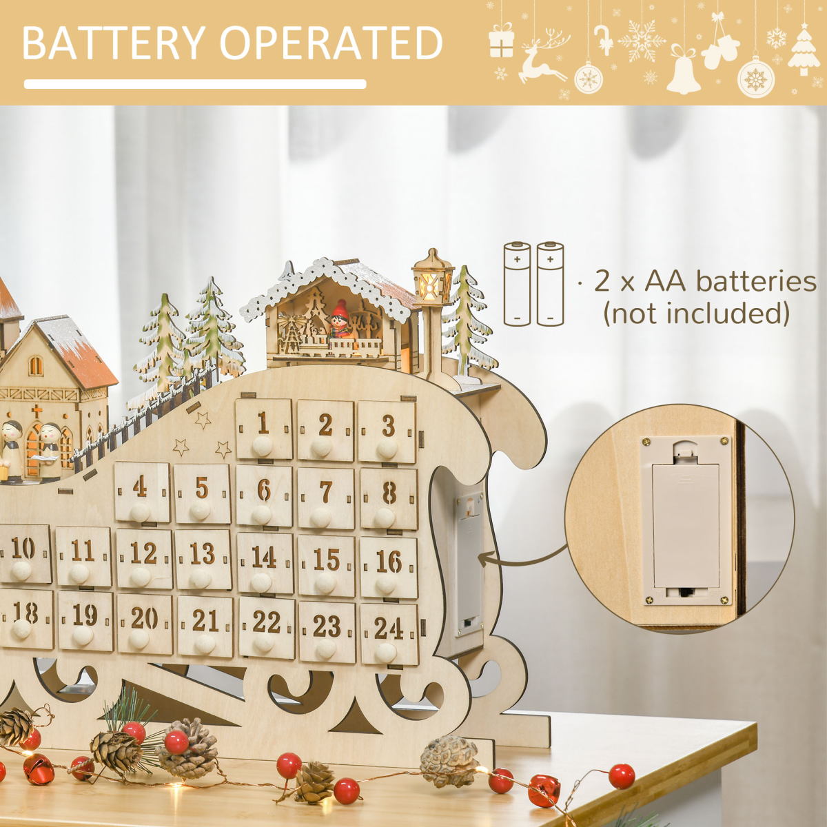 Light-Up Wooden Sleigh Advent Calendar with 24 Drawers - APA Pure Living