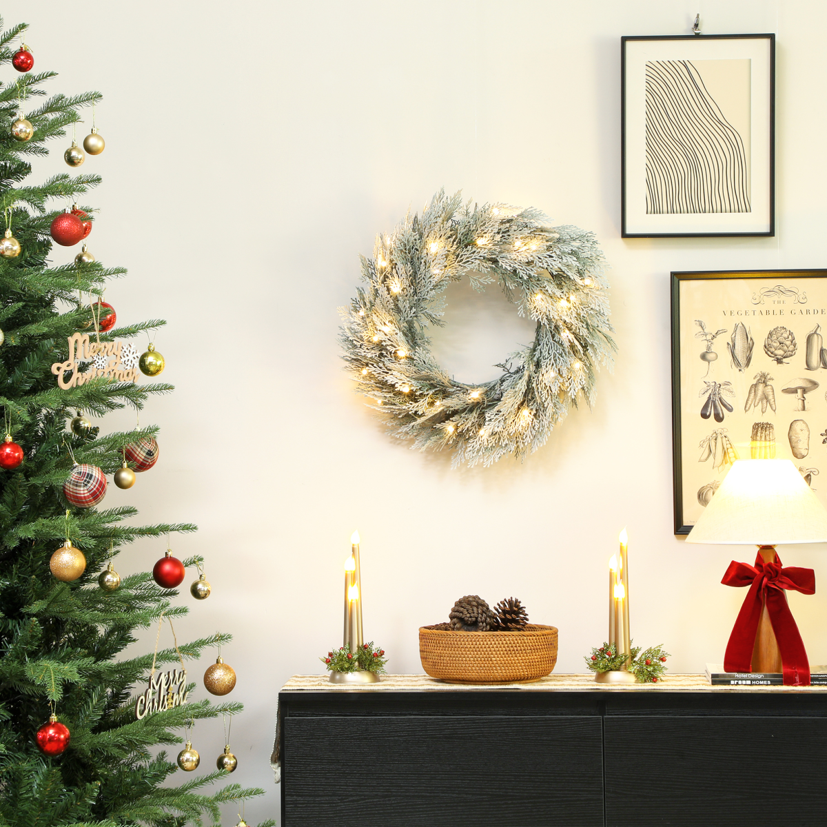 60cm Pre-Lit Snowy Christmas Wreath with Timer, Battery Operated - APA Pure Living