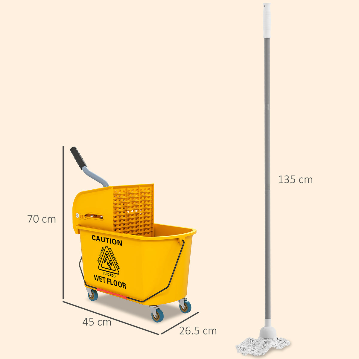 Bucket 70 cm tall, 45 x 26.5 cm, with a 135 cm mop handle