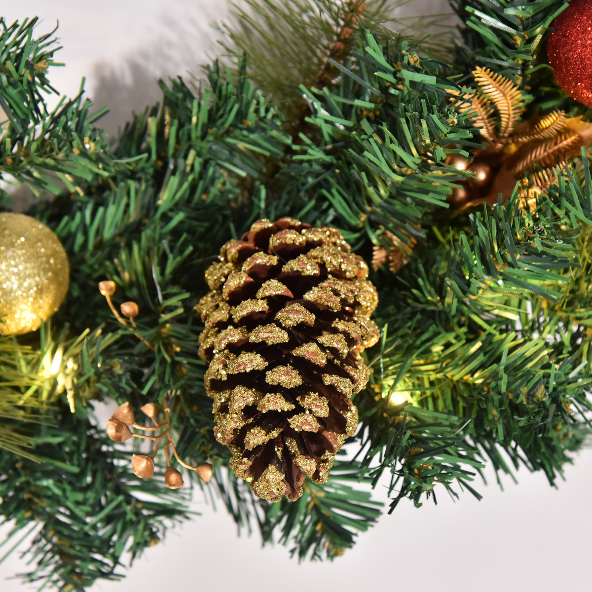 60cm Pre-Lit Christmas Door Wreath with Holly, Berries and Pine Cones - APA Pure Living