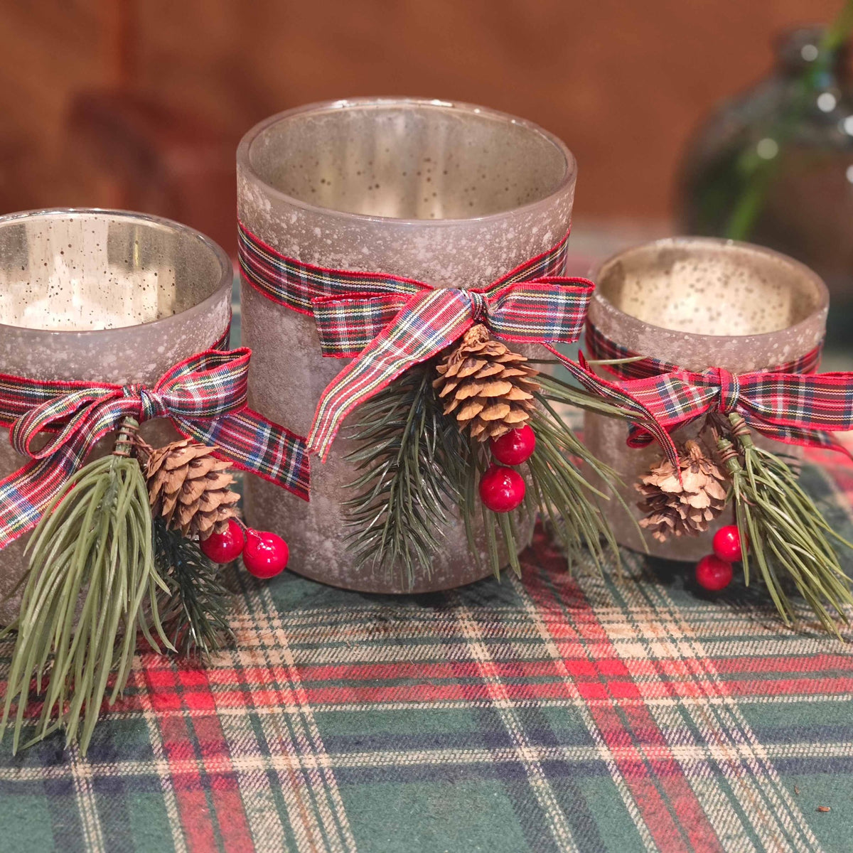 Frosted Glass Tealight Holders with Tartan Ribbon, Set of 3 - APA Pure Living