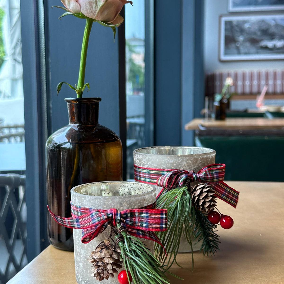 Frosted Glass Tealight Holders with Tartan Ribbon, Set of 3 - APA Pure Living