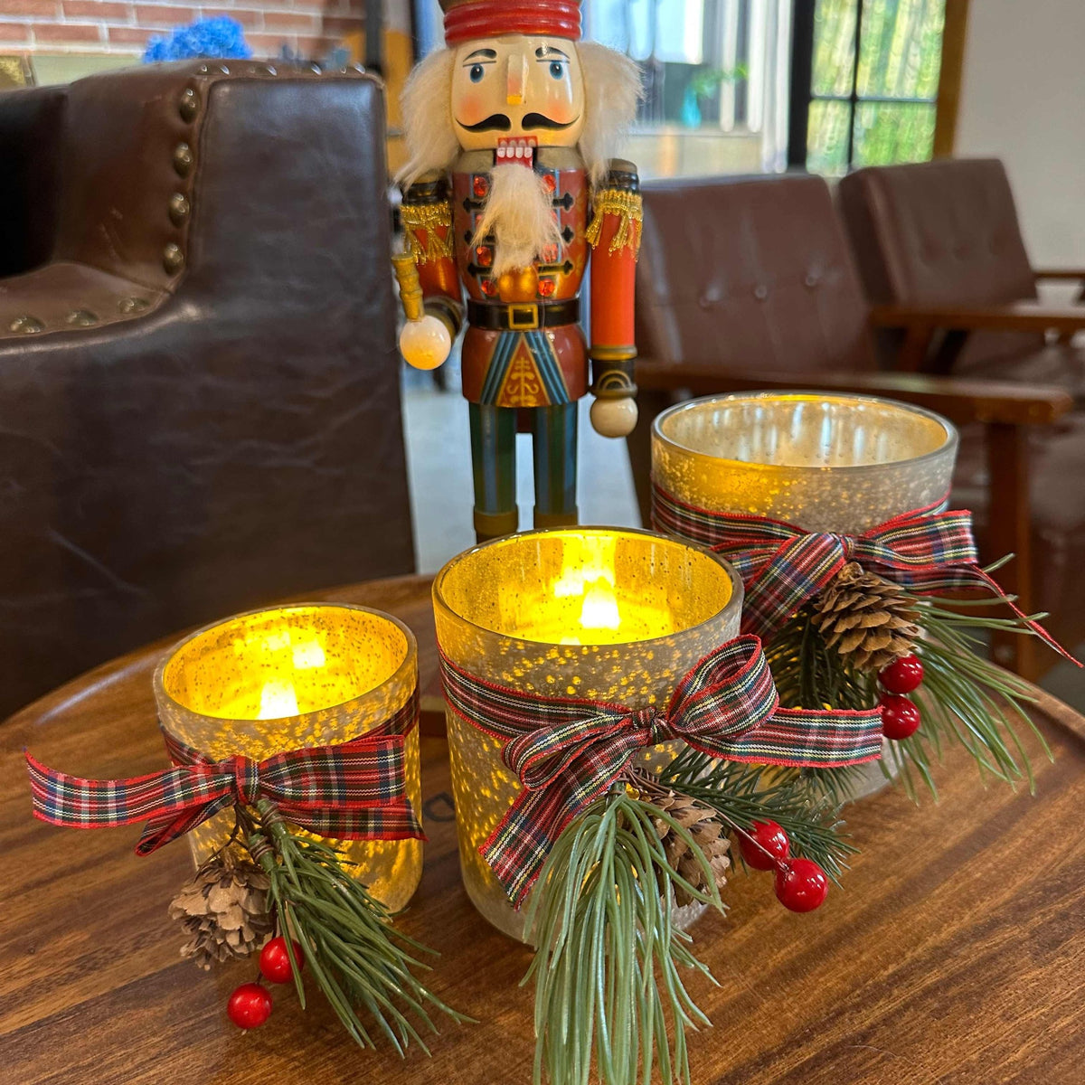 Frosted Glass Tealight Holders with Tartan Ribbon, Set of 3 - APA Pure Living