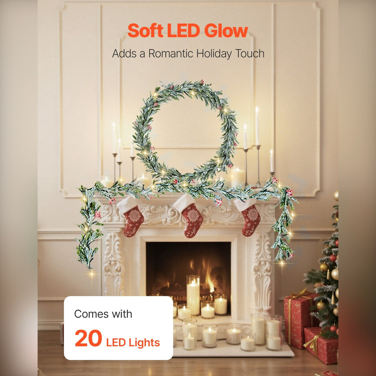 2m Pre-Lit Christmas Garland with Olive Leaves and Red Berries - APA Pure Living