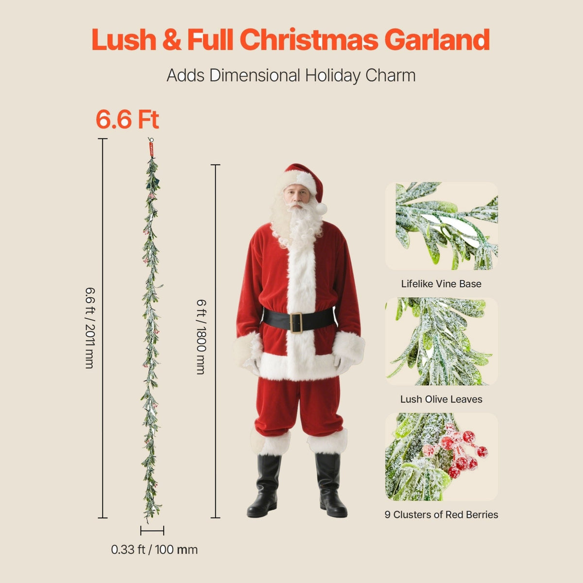 2m Pre-Lit Christmas Garland with Olive Leaves and Red Berries - APA Pure Living