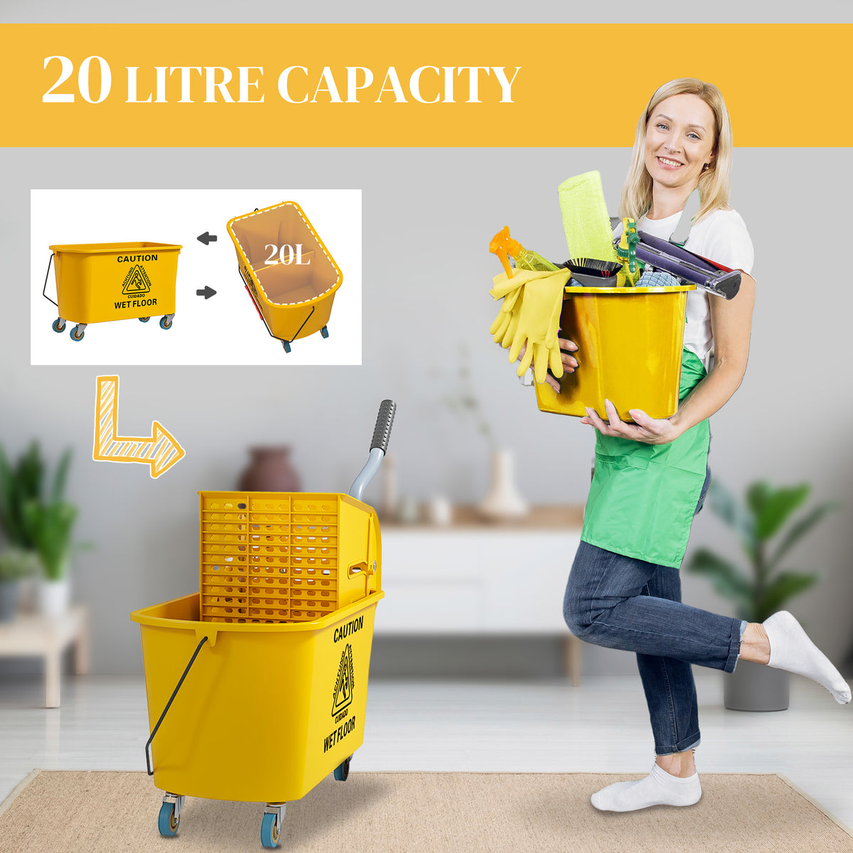 20 litre capacity, large enough to carry cleaning supplies