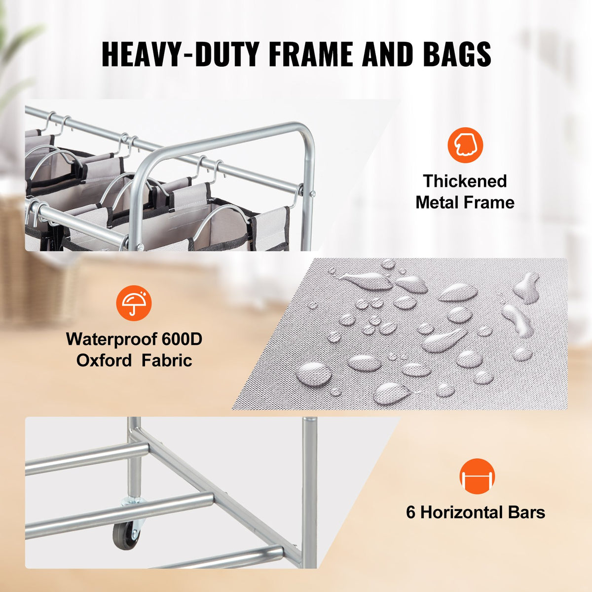 Thickened metal frame, waterproof 600D Oxford bags and six horizontal bars