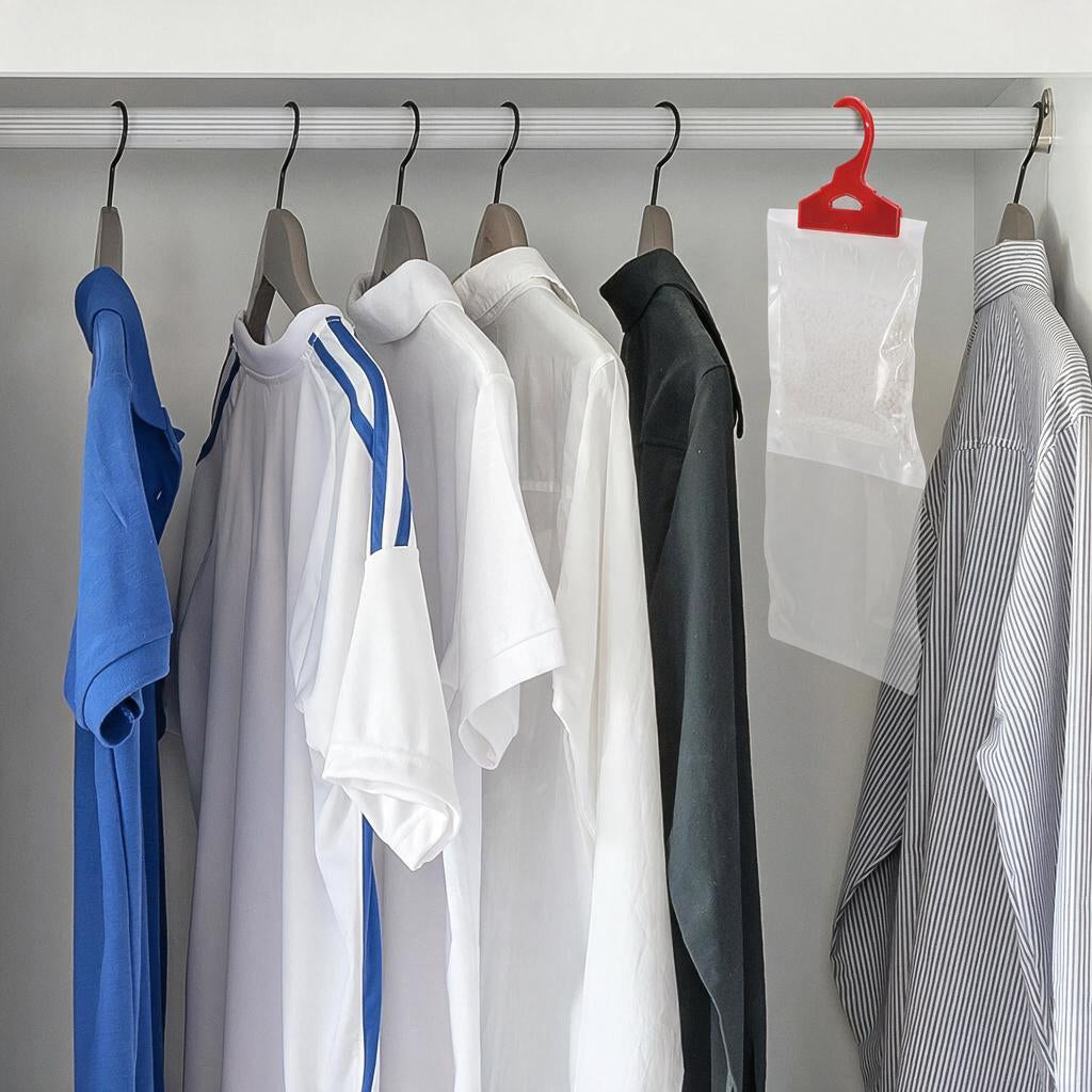 Moisture absorber bag hanging in a wardrobe