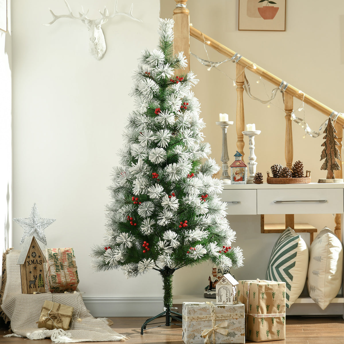 5ft Artificial Christmas Tree with Red Berries and Metal Stand - APA Pure Living