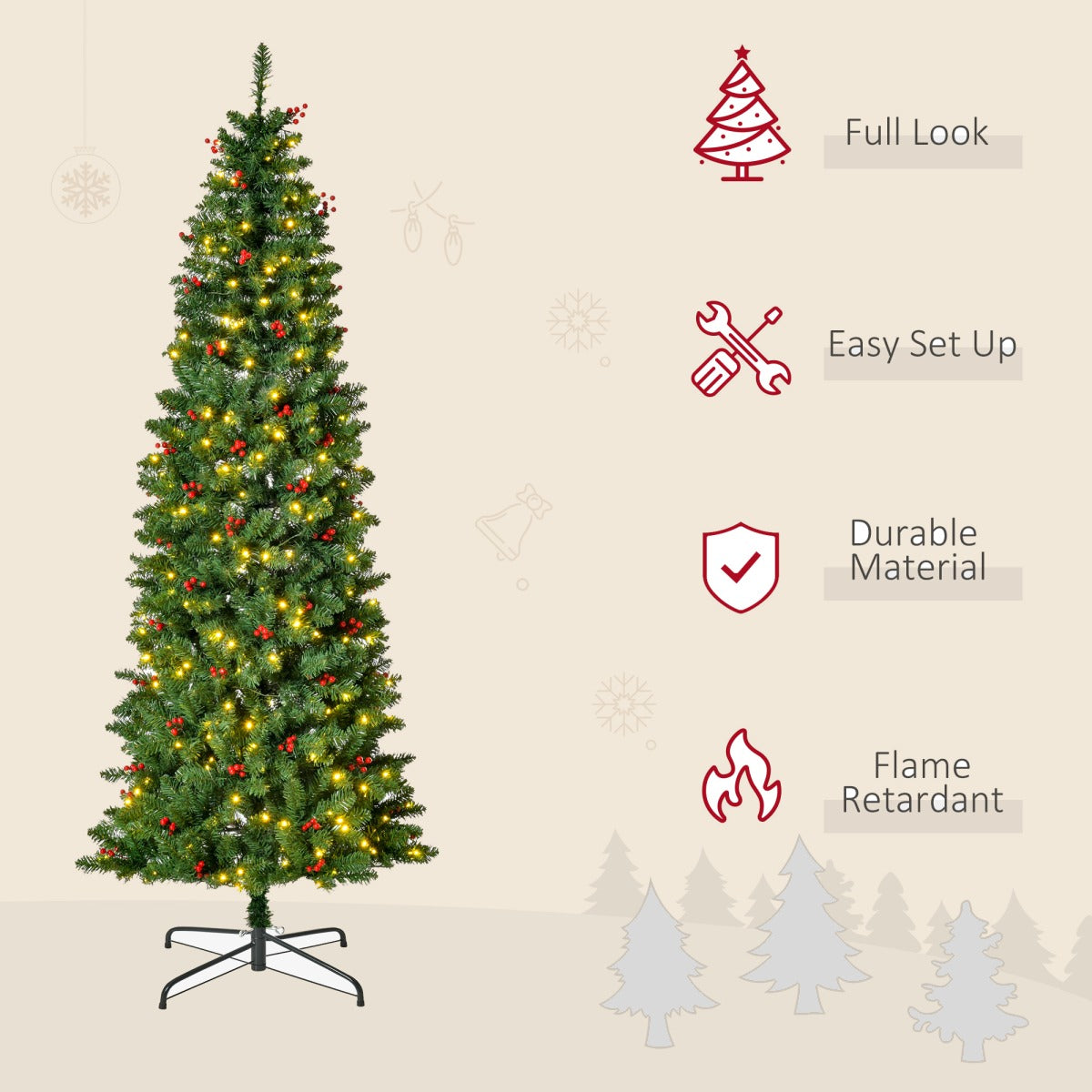 7ft Pre-Lit Slim Pencil Christmas Tree with Warm White LEDs and Red Berries - APA Pure Living