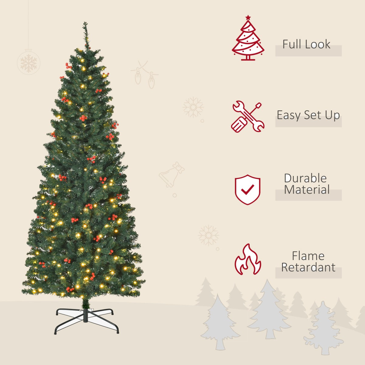 6ft Pre-Lit Slim Pencil Christmas Tree with Warm White LEDs and Red Berries - APA Pure Living